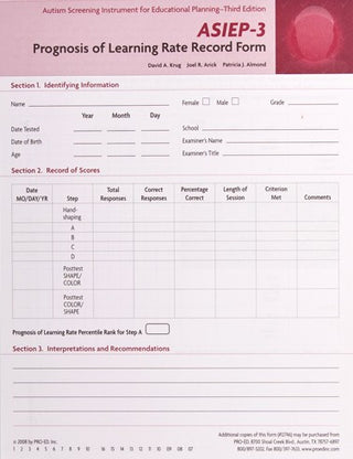 ASIEP-3 Prognosis of Learning Rate Record Forms (25) David A. Krug, Joel R. Arick Patricia J. Almond