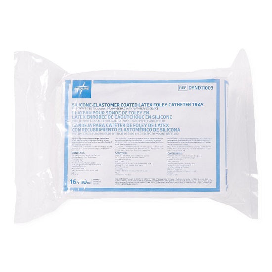 Medline Silicone-Elastomer Latex 2-Layer Foley Catheter Tray / Drain Bag - Two-Layer Tray with Drain Bag with Antireflux Tower and Silicone-Elastomer Coated Latex Foley Catheter, 14 Fr, 10 mL, Luer Lock - URO1SPLDB14