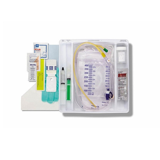 Medline Silicone-Elastomer Latex 1-Layer Foley Catheter Tray / Urine Meter - Total One-Layer Tray with 400 mL Urine Meter with 2, 500 mL Drain Bag, Silicone-Elastomer Coated Latex Foley Catheter, 14 Fr, 10 mL, Peri Wipe - URO170214