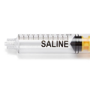 Medline High-Pressure Medication Colored Syringes, 10 mL - Sterile High-Pressure Pre-Labeled Saline Syringe with Fixed Male Luer Lock Fitting, 10 mL, Yellow - DYNJSYRSAL10Y