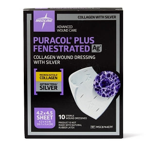 Medline Puracol Plus AG+ Collagen Wound Dressings with Silver - Puracol Plus AG+ Collagen Wound Dressings with Silver, Fenestrated, 4" x 4" - MSC8744EPF