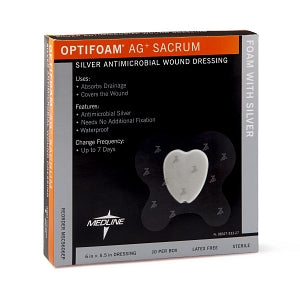 Medline Optifoam AG+ Sacrum Silver Antimicrobial Wound Dressing - Optifoam AG+ Sacrum Silver Antimicrobial Wound Dressing, 6" x 5.5", in Educational Packaging - MSC9606EP