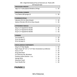Medline Single Shot Epidural Trays with Pharmaceuticals - Single-Shot Epidural Tray, 20G X 3.5" Tuohy Needle, Plastic LOR Syringes: Syringe, 6" Microbore Extension Set, with Pharmaceuticals - PAIN0611